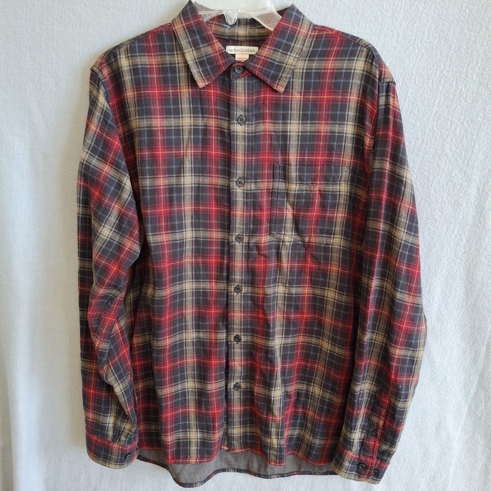 Carbon 2 Cobalt Mens Medium Jersey Lined Flannel Shirt Plaid Red Tan‎ Shacket